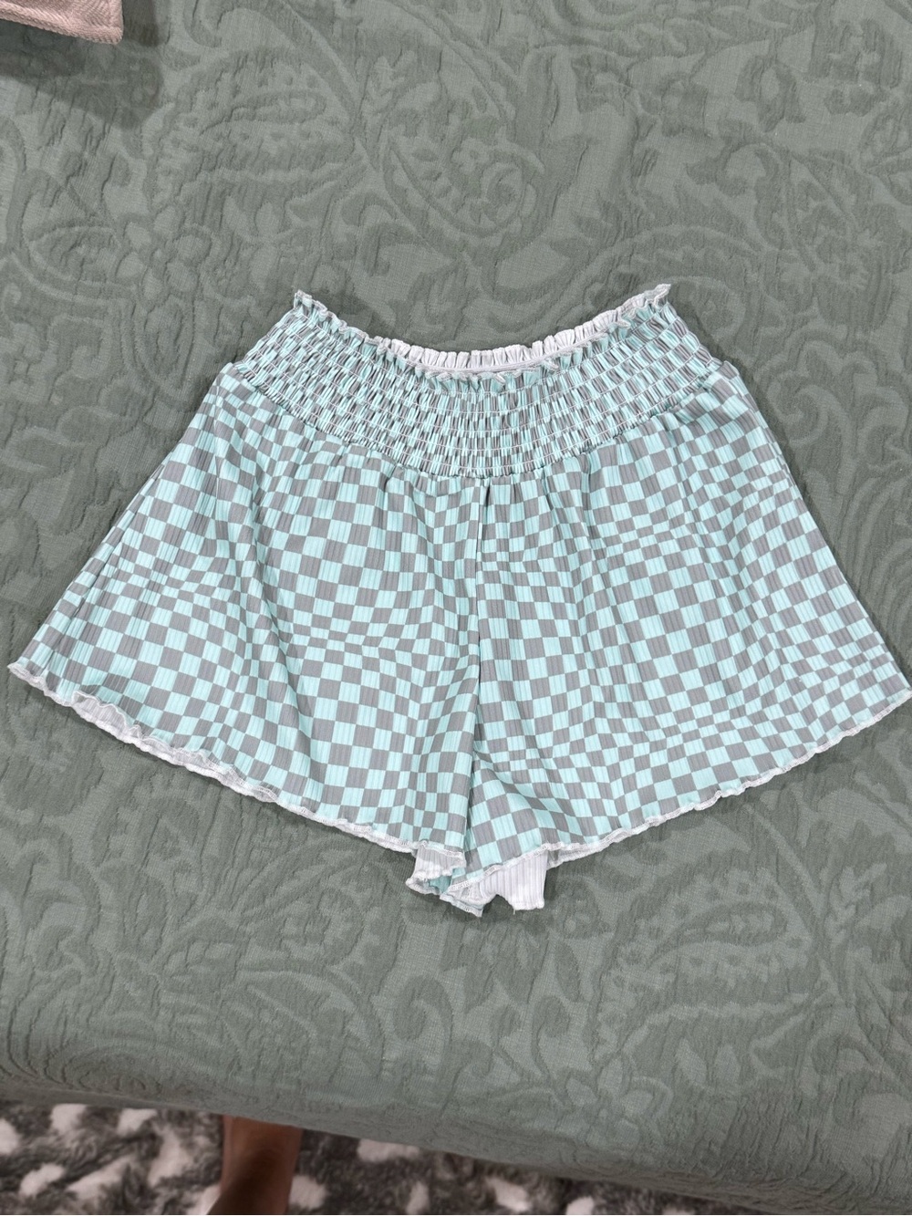 Peek Mint and White Checkerboard Smocked-Waist Shorts BNWOT